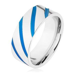 Ocelový prsten stříbrné barvy, diagonální pásy, modrá glazura - Velikost: 63