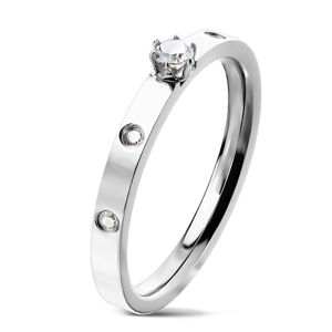 Ocelový prsten stříbrné barvy - kulatý zirkon v kotlíku, čiré zirkony, 3 mm - Velikost: 55