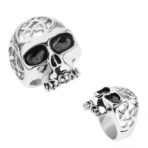 Ocelový prsten stříbrné barvy, lebka s ozdobnými výřezy - Velikost: 70