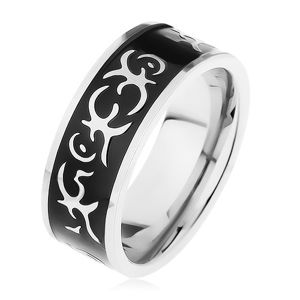 Ocelový prsten stříbrné barvy, lesklý černý pás zdobený motivem tribal - Velikost: 62