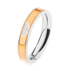 Ocelový prsten stříbrné barvy, lesklý pás ve zlatém odstínu, keltský uzel - Velikost: 60