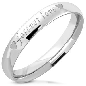 Ocelový prsten stříbrné barvy - lesklý povrch, matný nápis "forever love", 3,5 mm - Velikost: 57