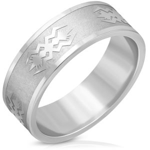 Ocelový prsten stříbrné barvy - matný pás, lesklé hrany, motiv, 8 mm - Velikost: 60