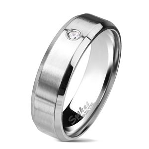 Ocelový prsten stříbrné barvy, matný pás s čirým zirkonem, 6 mm - Velikost: 59