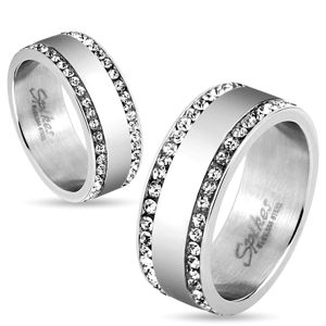 Ocelový prsten stříbrné barvy, okraje vykládané čirými zirkonky, 8 mm - Velikost: 69