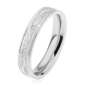 Ocelový prsten stříbrné barvy, pískovaný pás s lesklou vlnkou, 4 mm - Velikost: 55