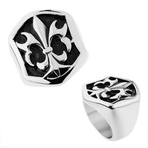 Ocelový prsten stříbrné barvy, šestihranná ozdoba s patinou a Fleur de Lis - Velikost: 66