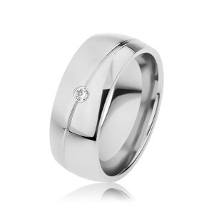 Ocelový prsten stříbrné barvy, úzký šikmý zářez, zirkonek - Velikost: 57