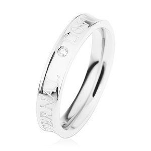 Ocelový prsten stříbrné barvy, vyhloubený střed, čirý zirkonek, ETERNAL LOVE - Velikost: 60