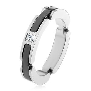 Ocelový prsten stříbrné barvy, výřezy s keramickými pásy, čirý zirkon - Velikost: 59