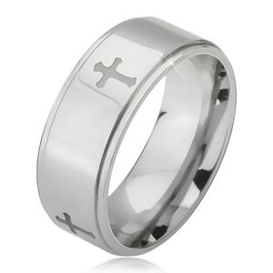 Ocelový prsten stříbrné barvy, vyryté křížky a snížené okraje, 6 mm - Velikost: 52