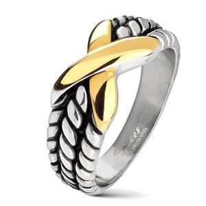 Ocelový prsten stříbrné barvy, zářezy na ramenech, X zlaté barvy - Velikost: 50