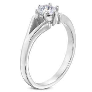 Ocelový prsten stříbrné barvy - zásnubní, rozdělená ramena, čirý zirkon - Velikost: 49
