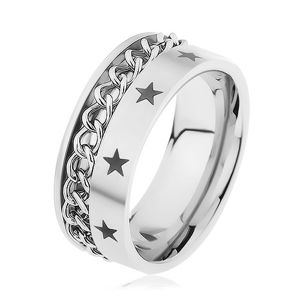 Ocelový prsten stříbrné barvy zdobený řetízkem a hvězdičkami - Velikost: 59