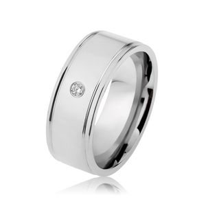 Ocelový prsten stříbrné barvy, zrcadlový lesk, čirý zirkon, zářezy u okrajů - Velikost: 69