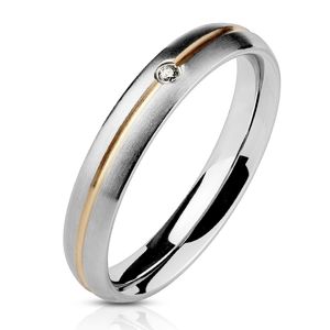 Ocelový prsten - stříbrný, zlatá středová rýha a zirkon - Velikost: 57