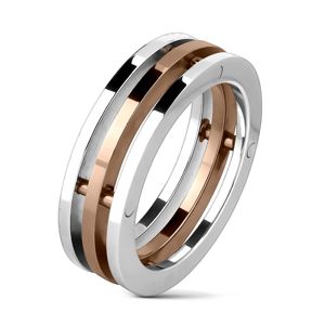 Ocelový prsten trojitý, střední pruh zlatý - Velikost: 57