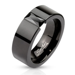 Ocelový prsten v černém odstínu - blýskavý černý zirkon, 6 mm - Velikost: 68