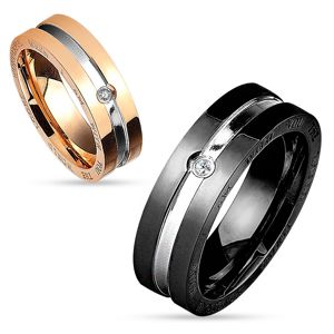 Ocelový prsten v černo-stříbrné kombinaci, kulatý čirý zirkon, 8 mm - Velikost: 59