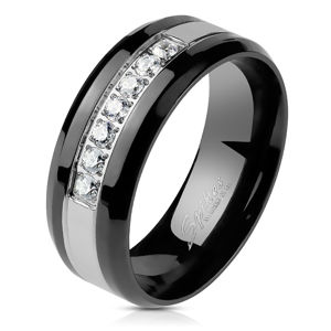 Ocelový prsten v černo-stříbrném odstínu - pás z čirých zirkonů, 8 mm - Velikost: 60