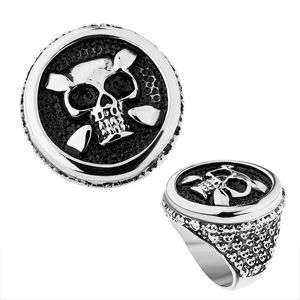 Ocelový prsten ve stříbrném odstínu, kruh, patinovaná lebka, srdce, tečky - Velikost: 56
