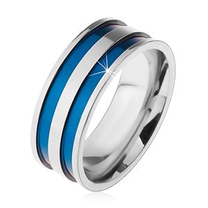 Ocelový prsten ve stříbrném odstínu, tenké vyhloubené pásy modré barvy, 8 mm - Velikost: 65