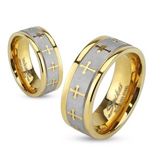 Ocelový prsten ve zlaté a stříbrné barvě, matný pás, křížky, 6 mm - Velikost: 68