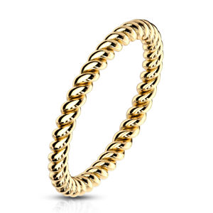 Ocelový prsten ve zlaté barvě - zatočená kontura ve tvaru lana, 2 mm - Velikost: 52