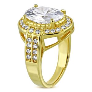 Ocelový prsten ve zlatém barevném odstínu - oválný zirkon v kotlíku, drobné zirkony - Velikost: 52