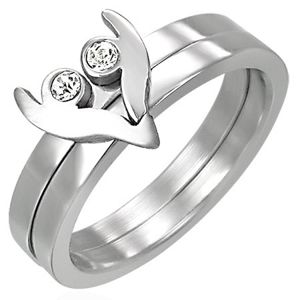 Ocelový prsten ze dvou částí - srdíčko se zirkony - Velikost: 54