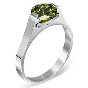 Ocelový prsten - zelený měsíční kámen "Květen", postranní úchyty - Velikost: 50