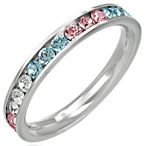 Ocelový prsten - zirkony ve třech barvách - Velikost: 58