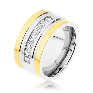 Ocelový prsten zlaté a stříbrné barvy, třpytivá zirkonová linka, zářezy - Velikost: 67