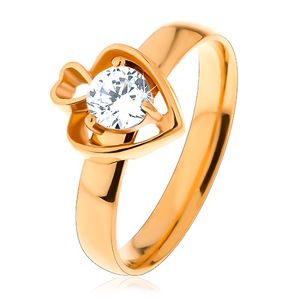 Ocelový prsten zlaté barvy, dva obrysy srdcí a kulatý čirý zirkon - Velikost: 51