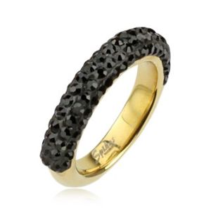 Ocelový prsten zlaté barvy zdobený černými zirkony - Velikost: 49