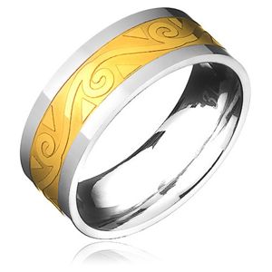 Ocelový prsten - zlato-stříbrný s motivem spirál ve vlnce - Velikost: 60