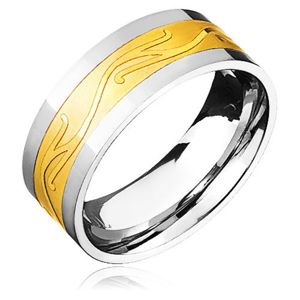 Ocelový prsten - zlato-stříbrný se zvlněným ornamentem - Velikost: 67