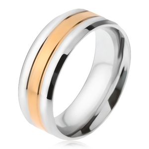 Ocelový prsten, zlatý a dva stříbrné pásy, zešikmené okraje - Velikost: 67