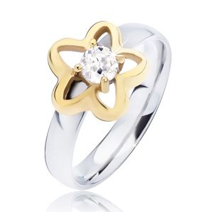 Ocelový prsten, zlatý obrys květu s čirým kulatým zirkonem - Velikost: 51