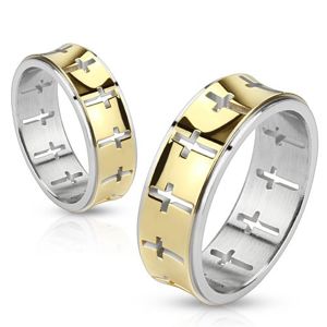 Ocelový prsten - zlatý pásek s vykrojenými kříži - Velikost: 67