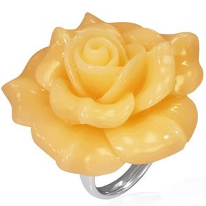 Ocelový prsten - žlutá rozkvetlá růže, živice - Velikost: 49