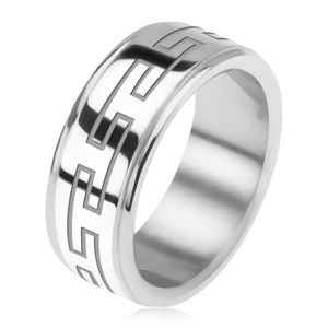 Ocelový prsten, zrcadlově lesklý, snížené okraje, řecký klíč - Velikost: 69