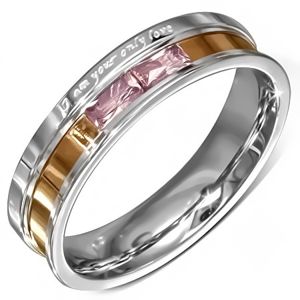 Ocelový prstýnek, růžové zirkony, gravírované vyznání lásky - Velikost: 50