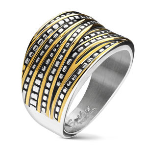 Ocelový prstýnek stříbrné barvy - ozdobený stříbrno-zlatými asymetrickými pásy, zužující se - Velikost: 67