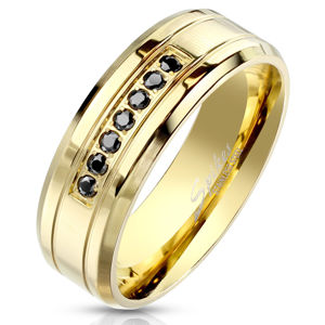 Ocelový prstýnek ve zlatém barevném provedení - černé zirkony, lesklý povrch, 8 mm - Velikost: 64
