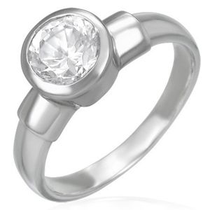 Ocelový snubní prsten s velikým zirkonovým očkem v kovové objímce - Velikost: 54