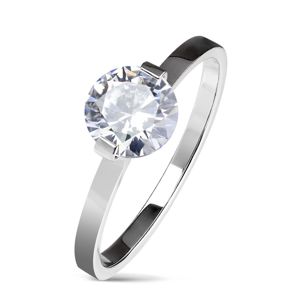 Ocelový zásnubní prsten stříbrné barvy, kulatý čirý zirkon, lesklá ramena - Velikost: 57
