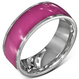 Oceloý prstýnek - lesklý růžový se stříbrnými okraji, 8 mm - Velikost: 59