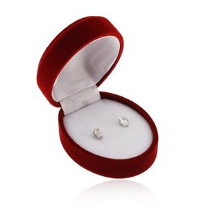Oválná bordó krabička na náušnice, přívěsek nebo dva prsteny, sametový povrch