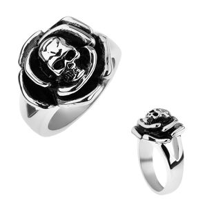 Patinovaný ocelový prsten, růže s lebkou uprostřed, rozdvojená ramena - Velikost: 68